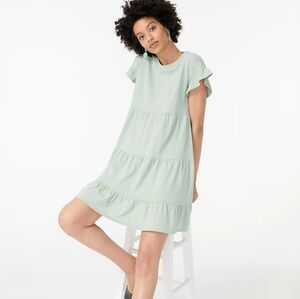 NWT J. Crew Tiered Dress Broken-in Jersey Babydoll Ruffle Sleeve M Green AX974